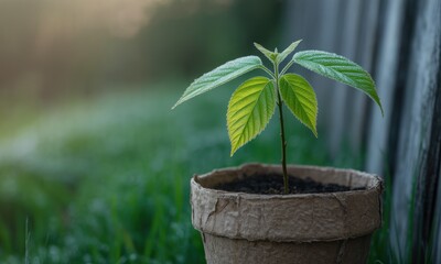 A young plant with green leaves sprouts from a soil-filled pot, against a blurred outdoor scene