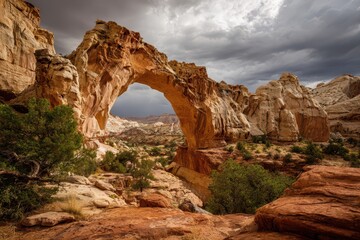 Fototapeta premium Majestic Cassidy Arch in Capitol Reef National Park: A Stunning Landscape of Utah's Sandstone Formations Amidst Nature's Erosion and Dramatic Storm Clouds