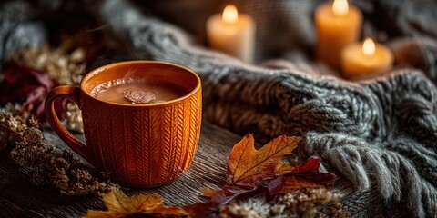 Cozy autumn scene with hot chocolate and candles.