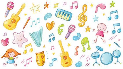 Hand drawn crayon pencil stroke doodle guitars, pianos, drums, notes, and dancing characters. Vector illustration