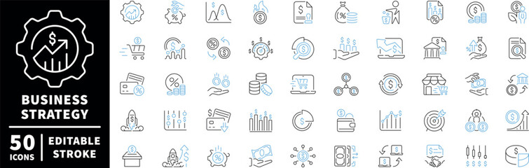 Business strategy icons set. editable line icons, outline, finance and analytics symbols