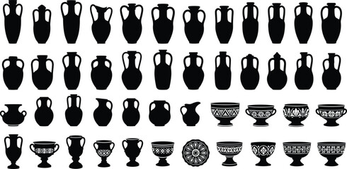 Massive Ancient Greek and Roman Ceramic Pottery Silhouette Collection, Historic Krater Vases, Traditional Amphora Jars, Pitchers, and Ornate Drinking Bowls Isolated Set © Atabur