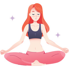 Young Woman With Long Red Hair Meditating In Lotus Pose Wearing Sportswear In Soft Lighting With Sparkle Accents