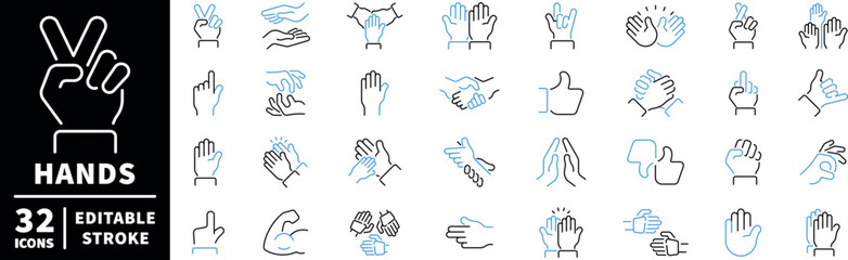 Hands icons set. editable line icons in outline, gesture, and symbol designs