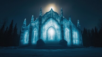 Majestic Ice Palace Illuminated Under the Night Sky.