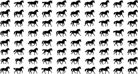 Massive collection of various horse silhouettes showing diverse movements like running, trotting, and galloping, representing freedom, racing, equestrian sport, power, and dynamic animal motion 