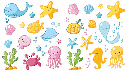 Hand drawn crayon pencil stroke doodle whales, dolphins, crabs, turtles, starfish, and jellyfish. Vector illustration