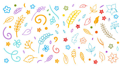 Line icon cute element set. Doodle line color icon, flowers, trees, butterflies, bees, and leaves. Vector illustration