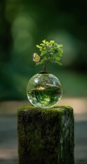 Delicate sprout in glass orb on mossy pedestal, natures resilience.