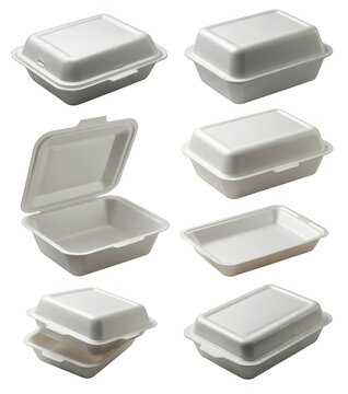Collection of white disposable styrofoam food containers in various open and closed configurations isolated on a transparent background