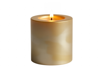 Cylindrical gold candle with a lit flame isolated on a transparent background 1