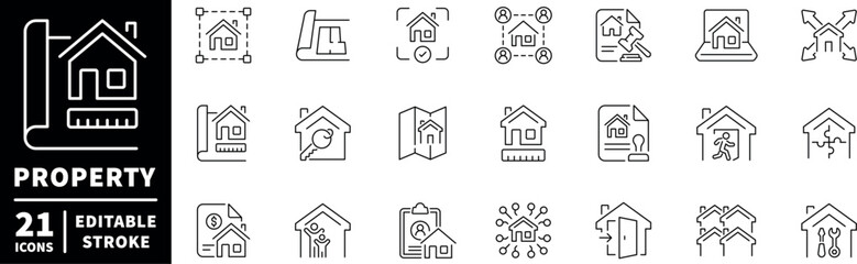 Property and real estate editable line icons set. home buying and investment symbols