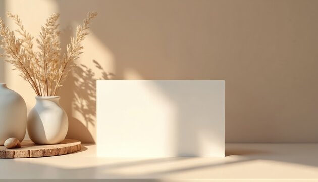 Blank card and dried flowers on beige surface. Soft light casts shadows on wall and paper. Minimalist scene for branding or wedding invites. Neutral tones suit modern decor.