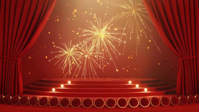 Red velvet stage with spotlight, fireworks, and falling confetti for celebration or award ceremony event