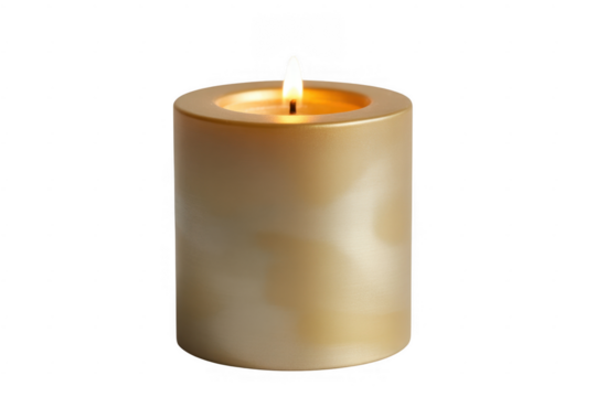 Cylindrical gold candle with a lit flame isolated on a transparent background 1