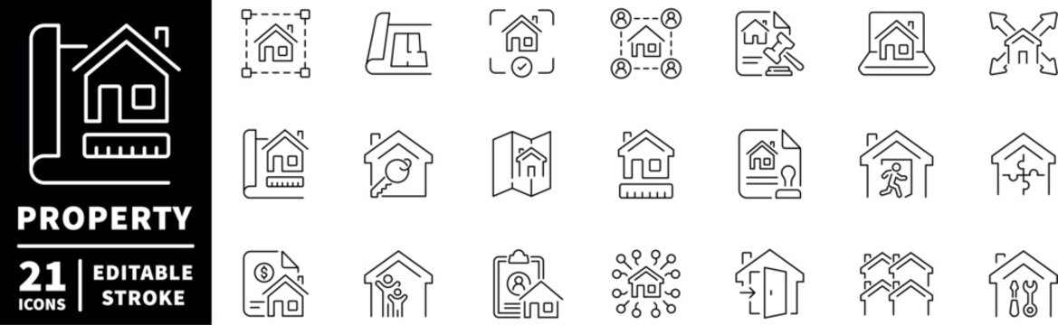 Property and real estate editable line icons set. home buying and investment symbols