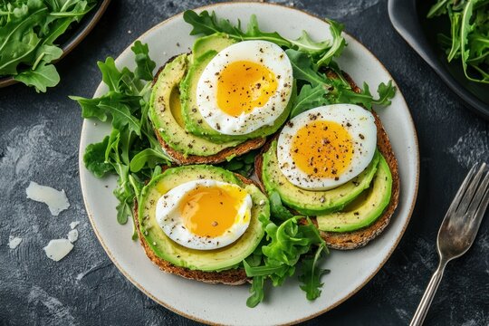 A plate of avocado toast topped with a poached egg, fresh greens, and a drizzle of olive oil.