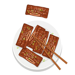 Glazed beef short ribs with visible bones, garnished with sesame and scallions, are plated beautifully with wooden chopsticks in this appetizing illustration