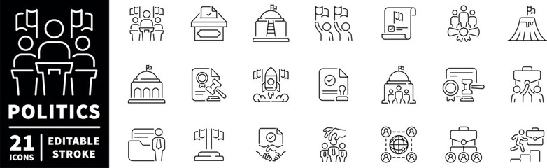 Politics editable line icons set: governance, elections, political symbols