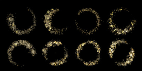 Shimmering glitter circles. Glowing light dust rings with magic glimmer trail, golden sparkling round frames and luxury glittery circular borders with stardust shiny bokeh orbs vector
