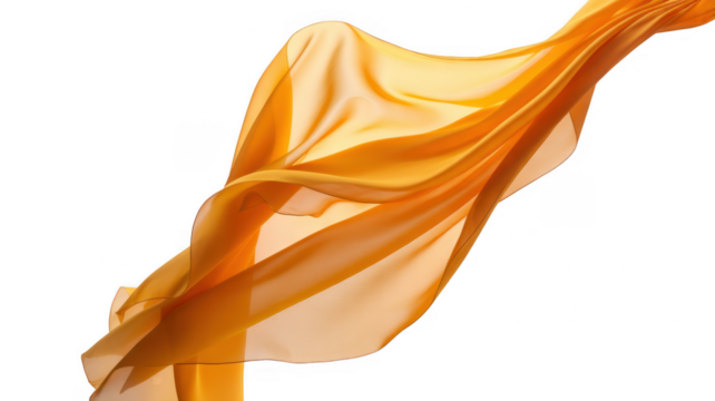 Flowing orange fabric with soft folds and light isolated on a transparent background