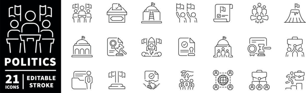 Politics editable line icons set: governance, elections, political symbols
