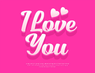 Vector Romantic Card I Love You with decorative Hearts. Modern Stylish Font. Beautiful Alphabet Letters and Numbers set.