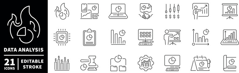 Data analysis editable line icons set. linear style for statistics and chart design