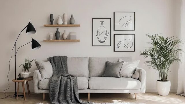 Cozy modern living room, sofa, art, plants, and shelves