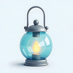 3D Mini Cute Icon of a Blue Glass Lantern with Metallic Silver Rim on a Plain Background Highlighting Decorative Ambient Light
