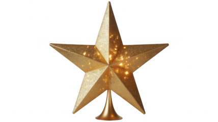 Glittering gold star Christmas tree topper with warm lights isolated on a transparent background