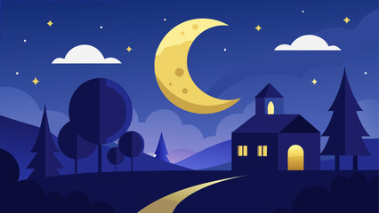 Fototapeta premium Illustration of a night landscape with moon house