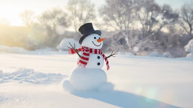 Snowman walks in a bright snowy winter landscape with gentle snowflakes falling. Cheerful snowman wears a top hat and striped scarf. Camera panning horizontally.