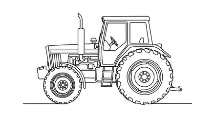 A detailed line art illustration of a modern agricultural tractor viewed from the side on a white background
