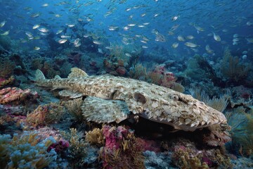 Naklejka premium Stealthy Wobbegong Shark: Master of Camouflage in the Coral Reefs of the Pacific Ocean