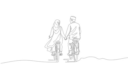 A muslim couple in traditional attire rides bicycles together holding hands in a minimalist line art style