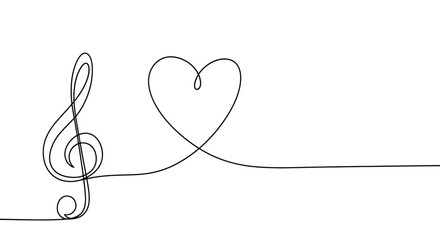 Elegant single line drawing connecting a treble clef symbol with a heart shape symbolizing love for music