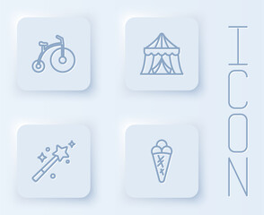 Set line Vintage bicycle, Circus tent, Magic wand and Ice cream waffle. White square button. Vector