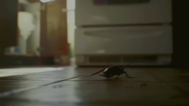 Close-up Video of a Cockroach Crawling Across Kitchen Floor Surface