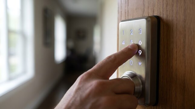 A modern digital keypad lock is being activated with a fingertip, offering a glimpse into the convenience of advanced home security and technological integration.