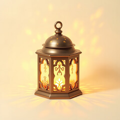 3D Mini Cute Icon of a Bronze Lantern with Patterned Cutouts Casting Warm Shapes on a Plain Background Showing Ornamental Glow