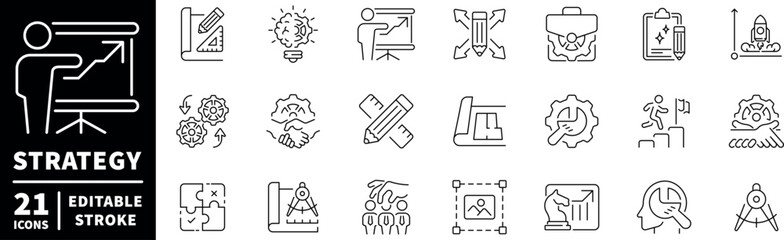 Strategy and business editable line icons set. planning and productivity symbols