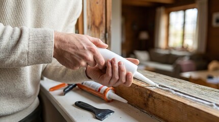 A person expertly applying sealant to the interior of a weathered window, the scene showcases meticulous home improvement work in a cozy, inviting setting.