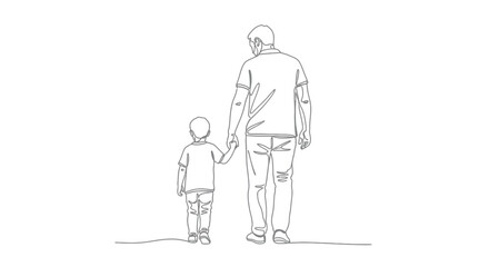 A father and his young son walking hand in hand depicted in a simple and elegant continuous line drawing style