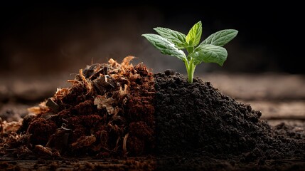 Powerful photorealistic comparison of decomposing organic compost on one side and rich, dark, fertile soil with a green sprout on the other side.