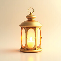 3D Mini Cute Icon of a Classic Golden Lantern with Transparent Glass Panels on a Plain Background Representing Warm Ambient Lighting