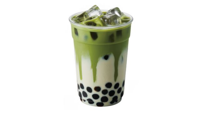 Iced Matcha Bubble Tea with Milk and Tapioca Pearls isolated on a transparent background