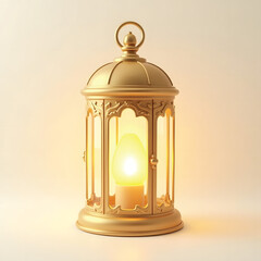 3D Mini Cute Icon of a Classic Golden Lantern with Transparent Glass Panels on a Plain Background Representing Warm Ambient Lighting
