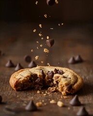a close-up shot of a partially eaten chocolate chip cookie on a wooden surface with a shallow depth of field, chocolate chips are falling around the cookie