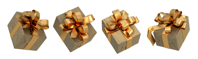 Set of yellow gift box with golden ribbon isolated on white